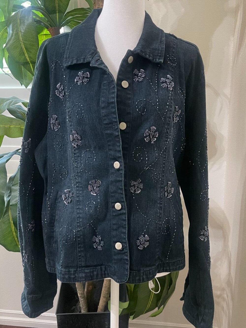 Flashback Beaded Floral Sequin Dark Wash Denim Jacket Women's L
